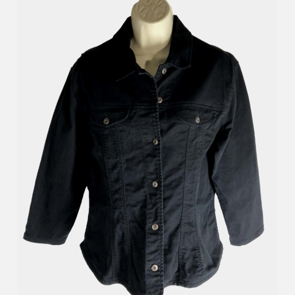 Chico's Design Jacket sz 1 M Fitted Black Stretch Denim Flared Hem